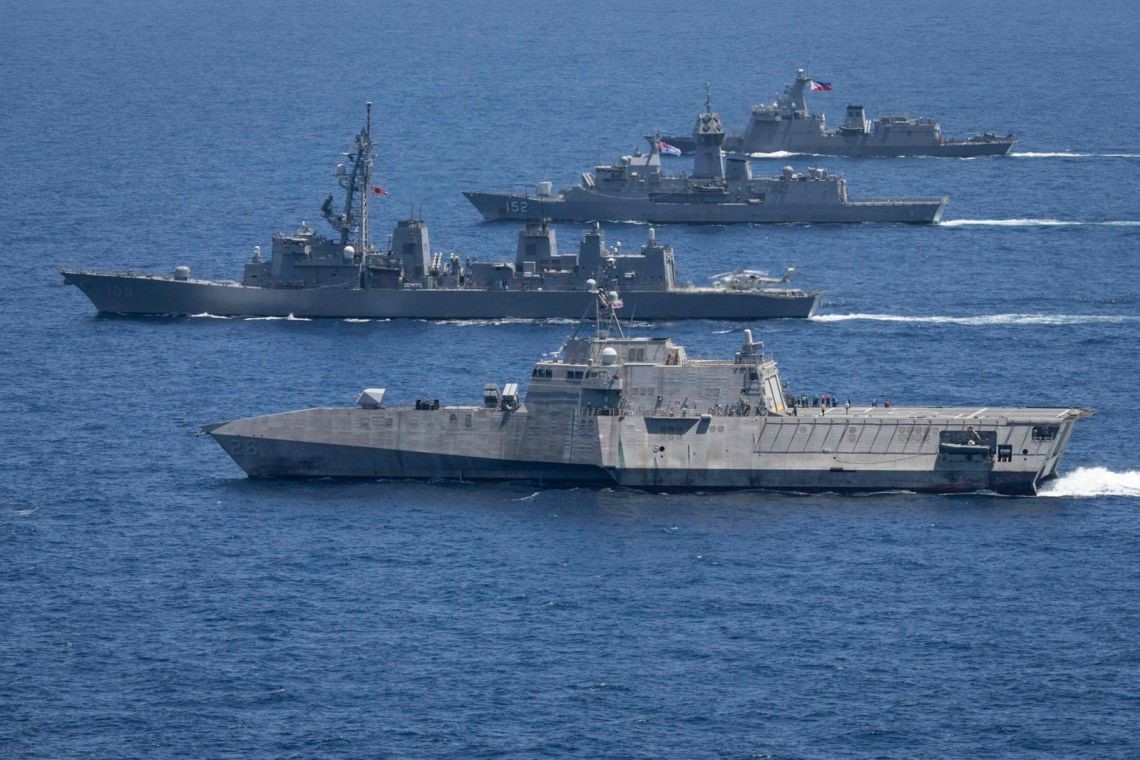 Warships from the Philippines, US, Japan, and Australia take part in military exercises on April 7, 2024. 