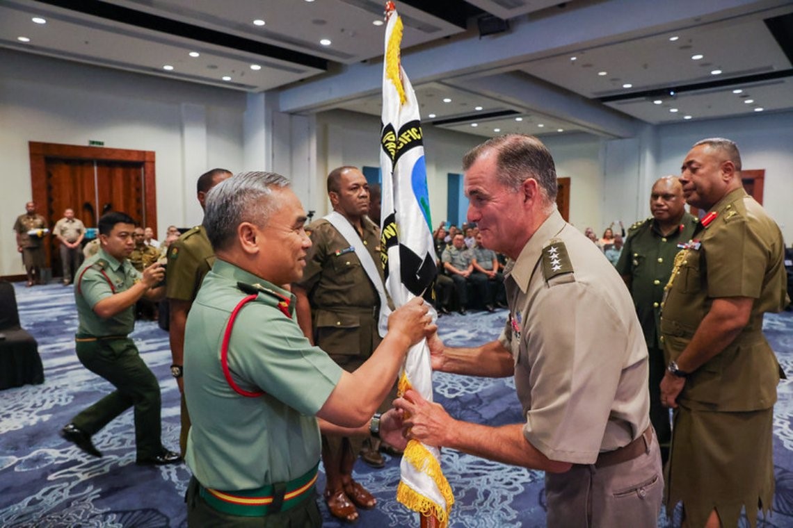 U.S. Army Pacific Commander Gen. Charles Flynn passes the IPAMS flag to Malaysian Army Lt. Gen. Huzaimi symbolizing the handover of responsibilities to conduct the 2025 IPAMS/SELF
