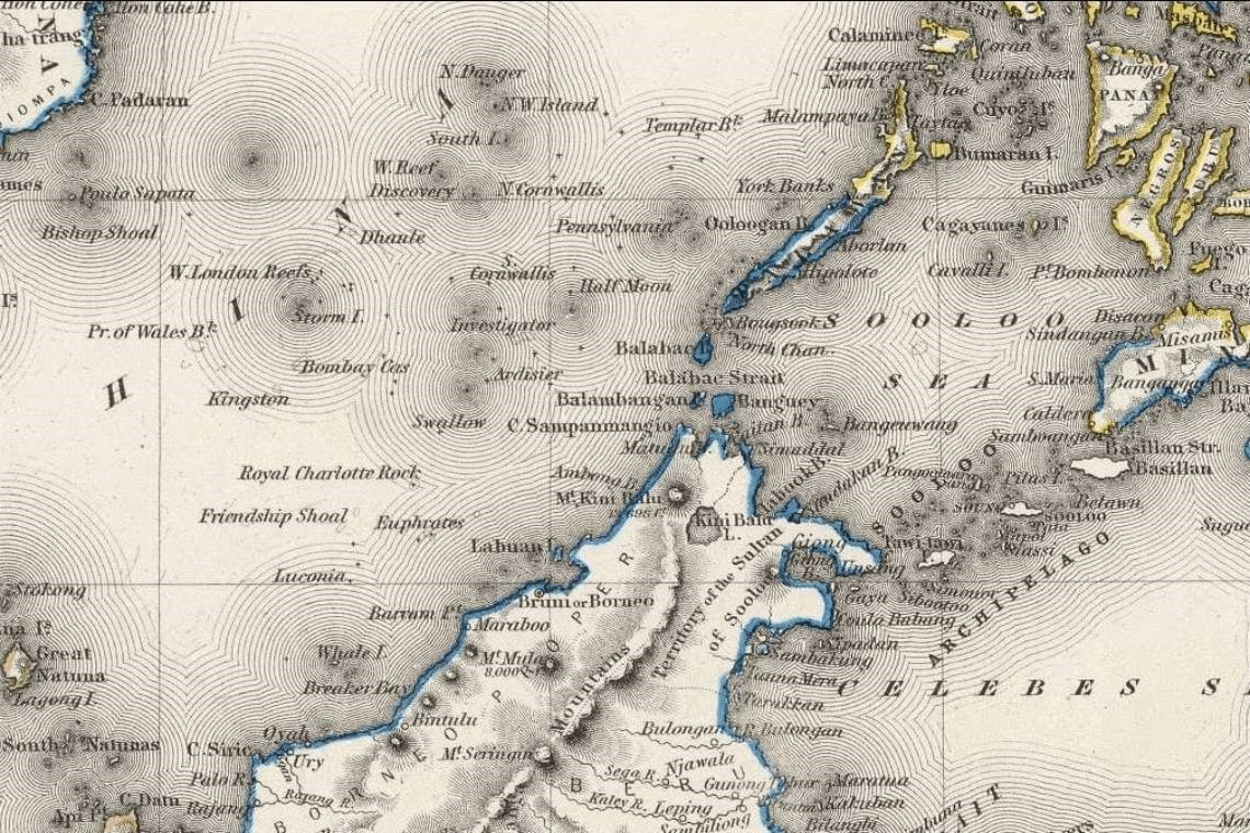 1874 Colton Map featuring the territories of the Sultan of Sulu 